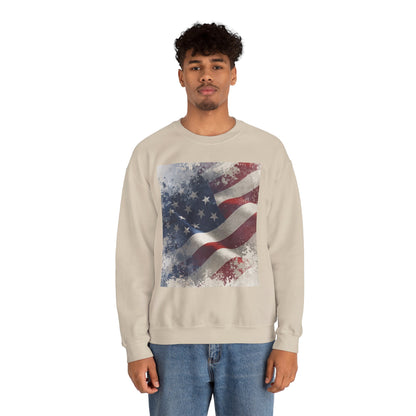 Man wearing a beige sweatshirt with a vintage American flag design on a white background
