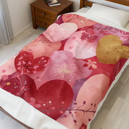 Valentine Heart Plush Blanket – Soft Pink & Gold Heart Pattern Velveteen Throw