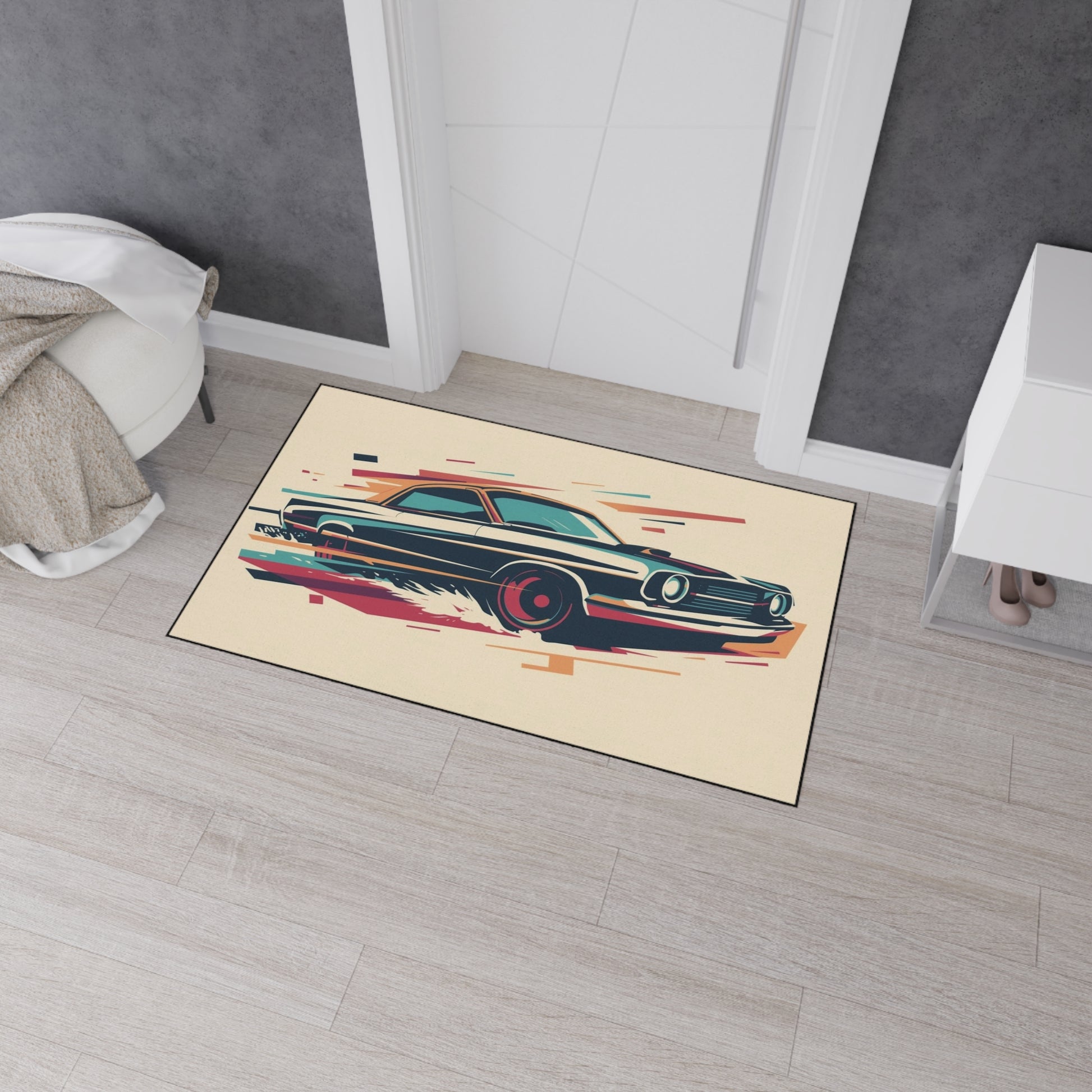 Doormat with a vintage car design on a wooden floor.
