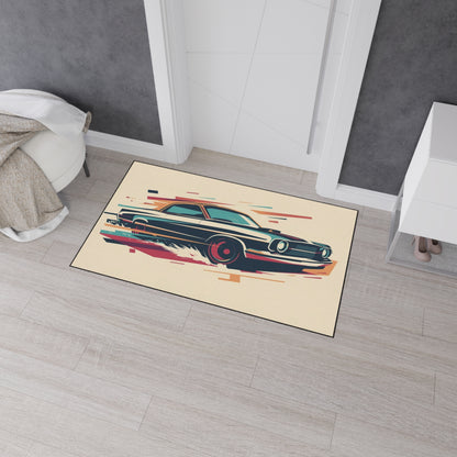 Doormat with a vintage car design on a wooden floor.