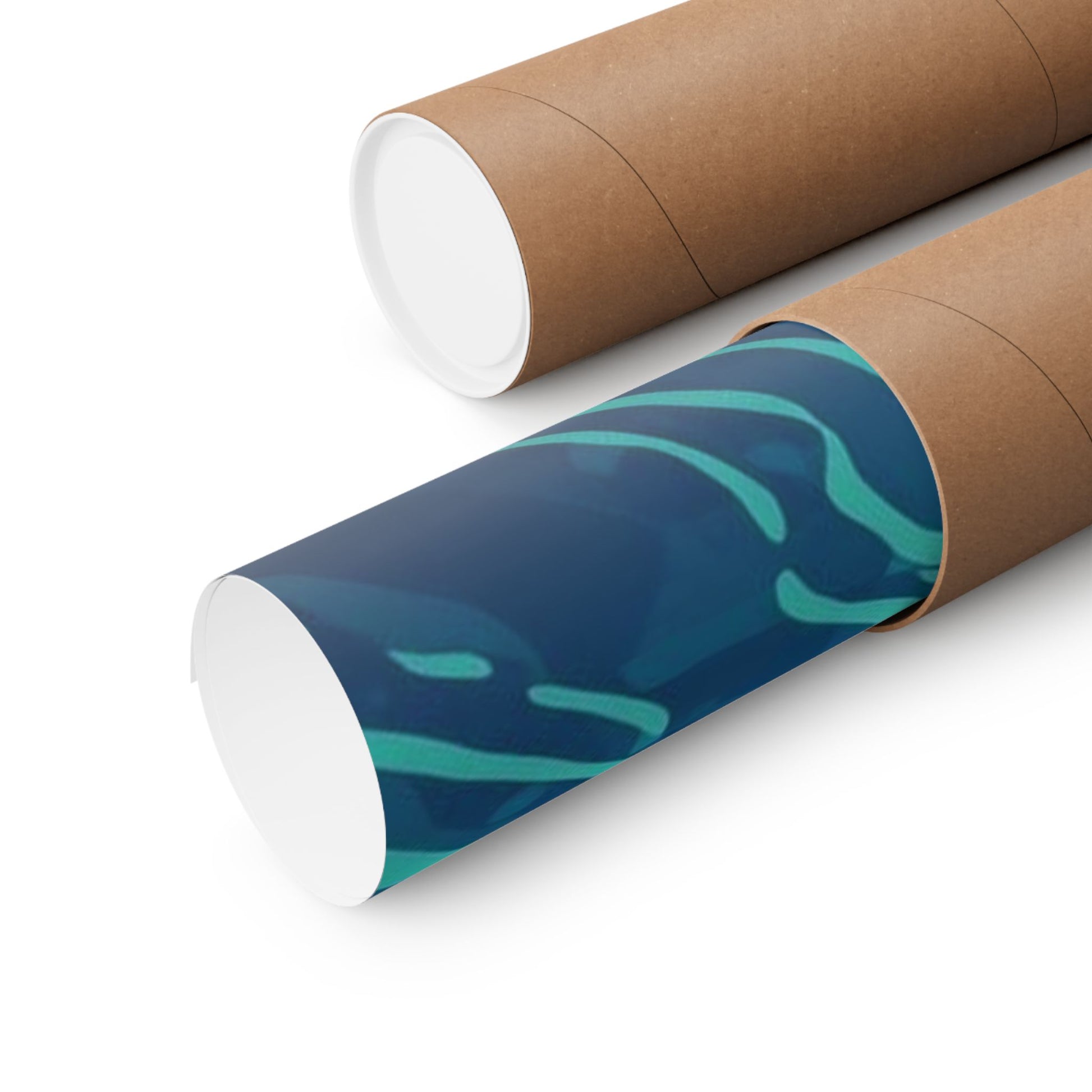 Roll of blue patterned paper with a cardboard tube on a white background
