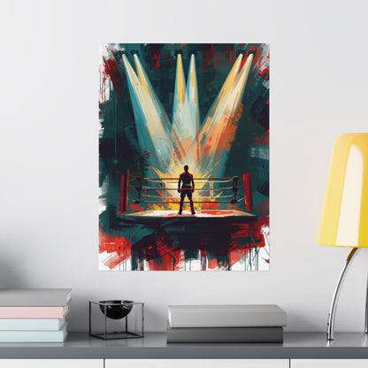 Abstract painting of a boxer in a ring with dramatic lighting on a wall above a shelf.
