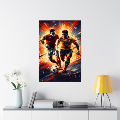 Soccer Action Matte Vertical Poster — Dynamic Two Players Dribbling Design