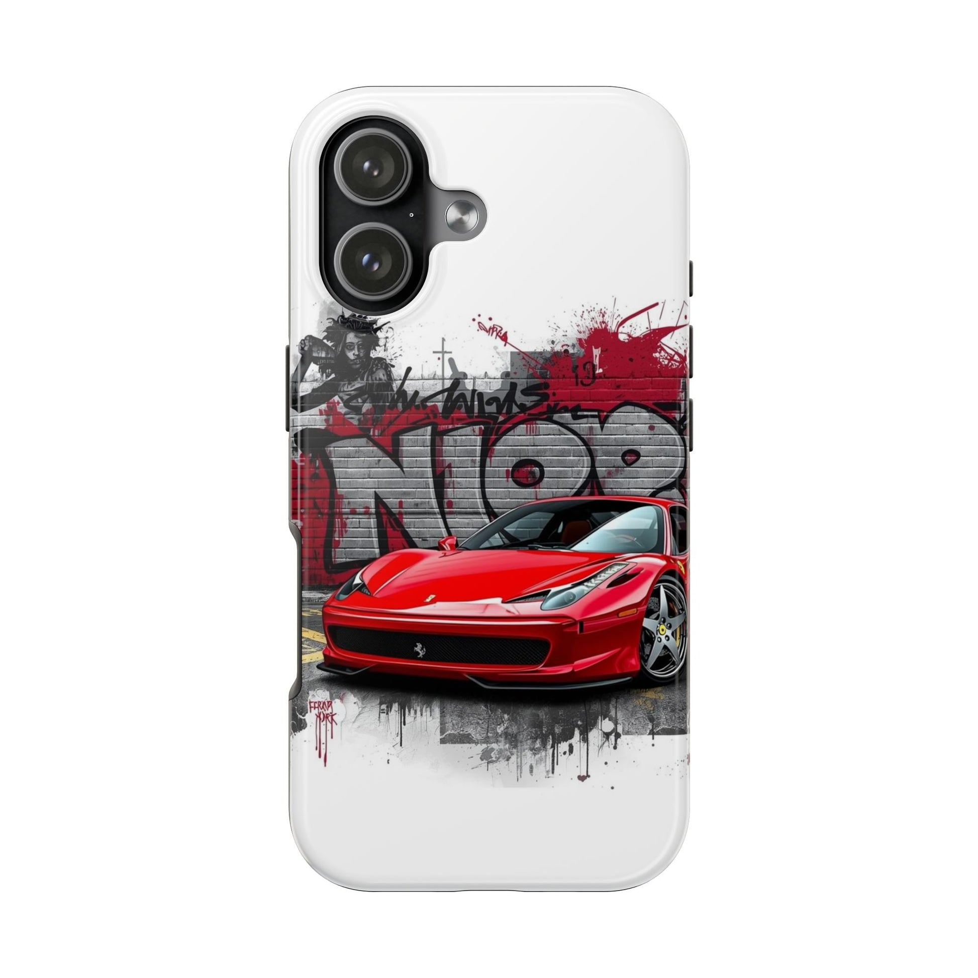 Phone case with a red sports car design on a white background