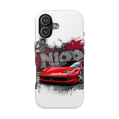 Phone case with a red sports car design on a white background