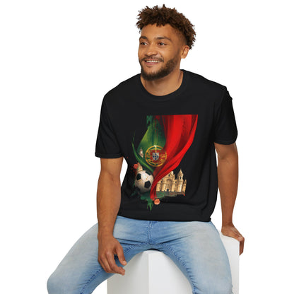Portugal Flag Soccer T-Shirt — Portuguese Football Fan Tee with Lisbon Landmark