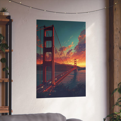 Poster of the Golden Gate Bridge at sunset hanging on a wall.