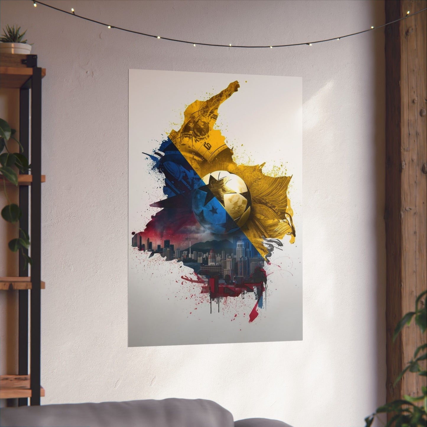 Colombian Map Tricolor Flag Football and Urban Skyline Matte Art Poster
