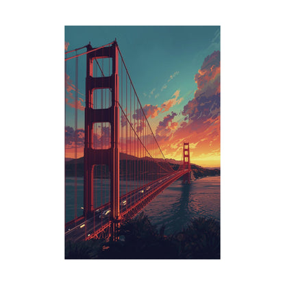 Illustration of the Golden Gate Bridge at sunset with vibrant colors.
