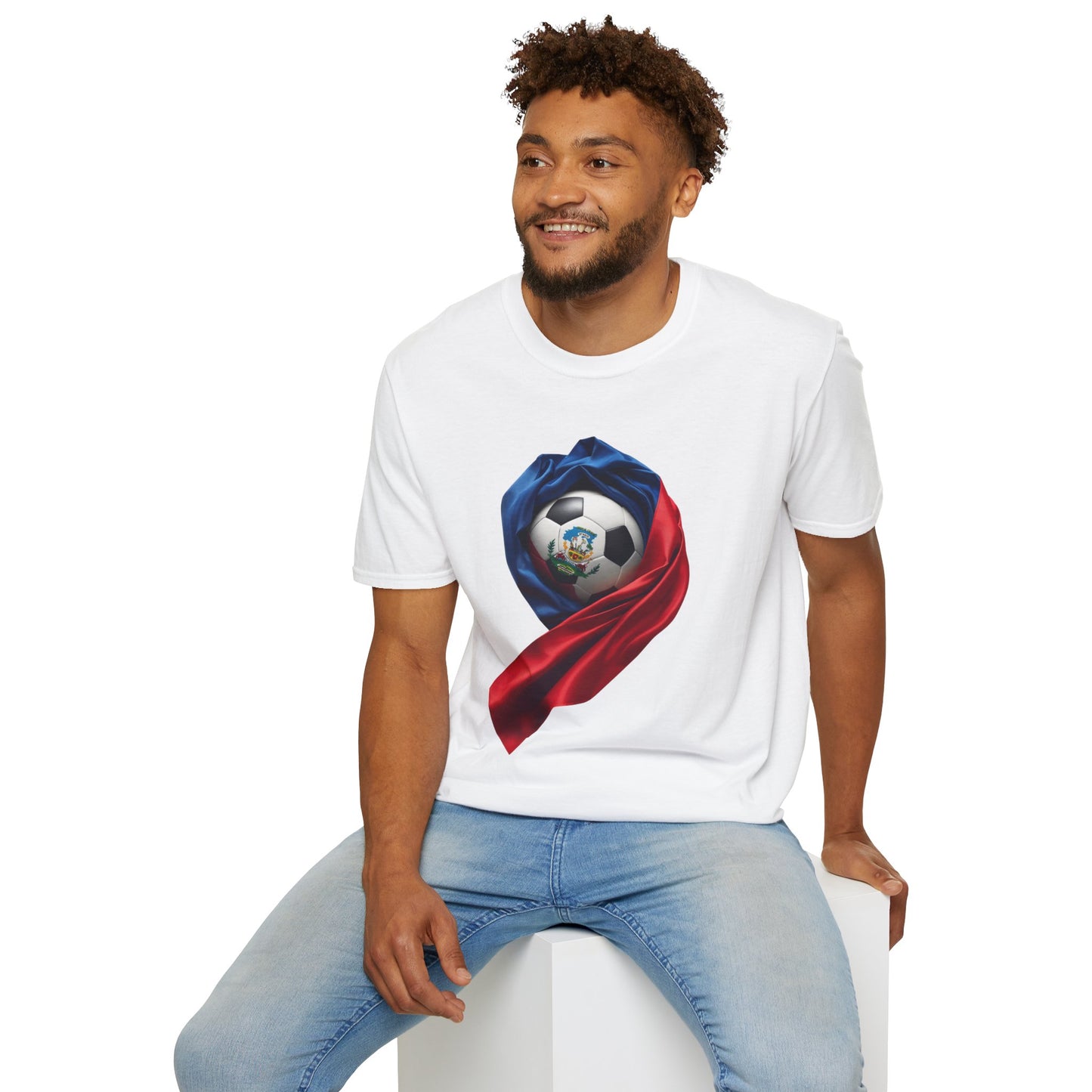 Haitian Soccer Ball T-shirt Enveloped in Flag Fabric with Coat of Arms Tee