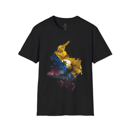 Colombia Map Skyline Football T-Shirt — Watercolor Grunge Soccer Design Tee