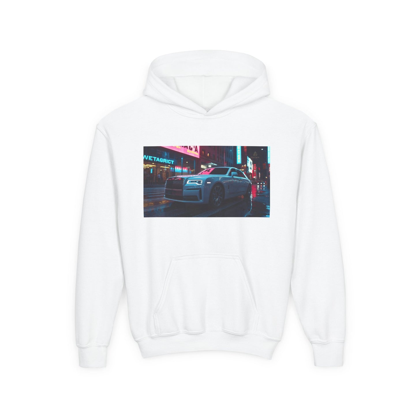 White hoodie with a graphic of a car on a city street at night.