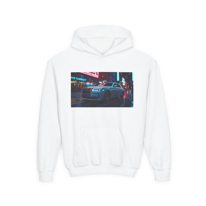 White hoodie with a graphic of a car on a city street at night.