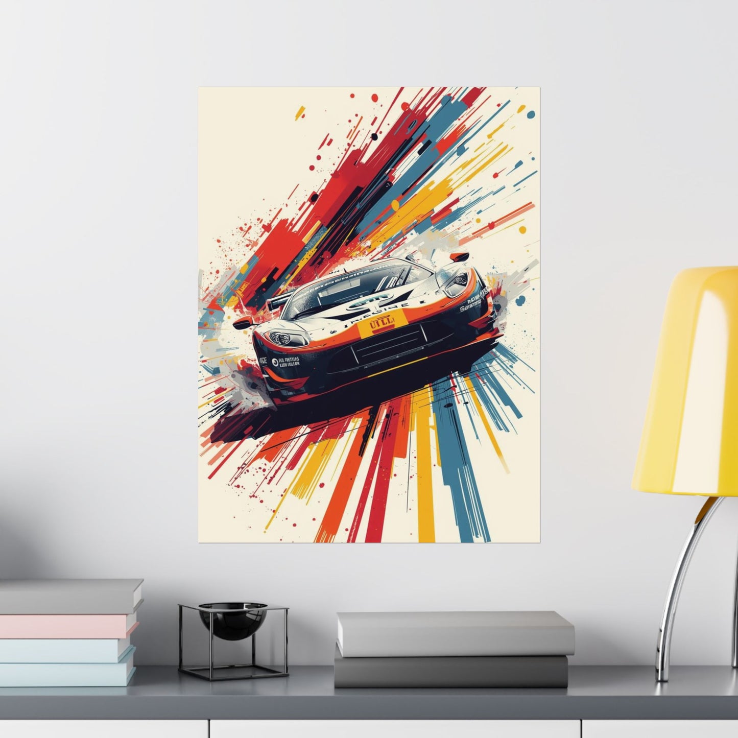 Colorful abstract painting of a car on a wall above a shelf with books and decor items.