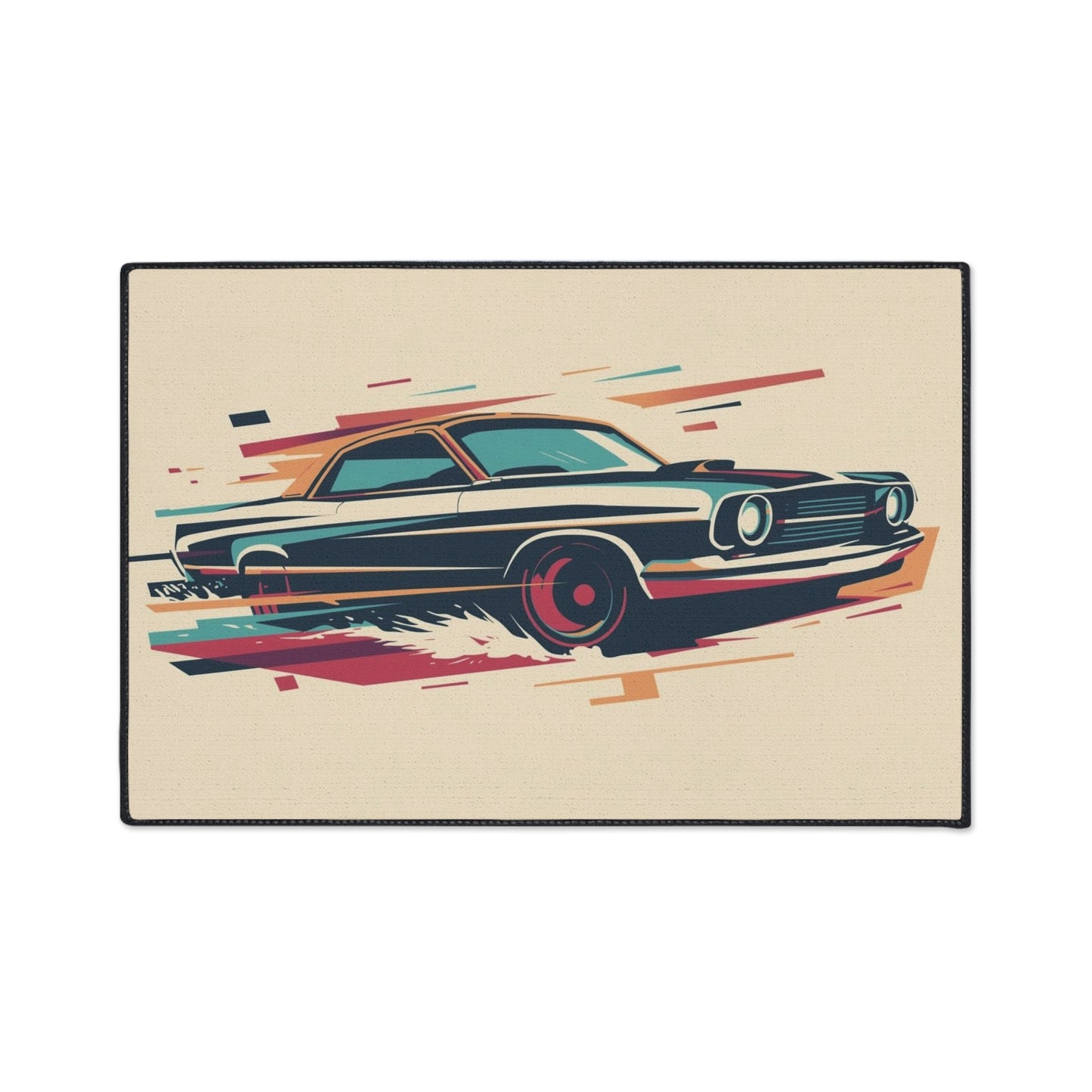 Vintage car design door mat on a beige background