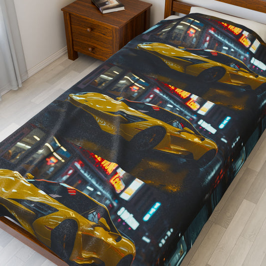 Bedspread with yellow car design in a bedroom setting