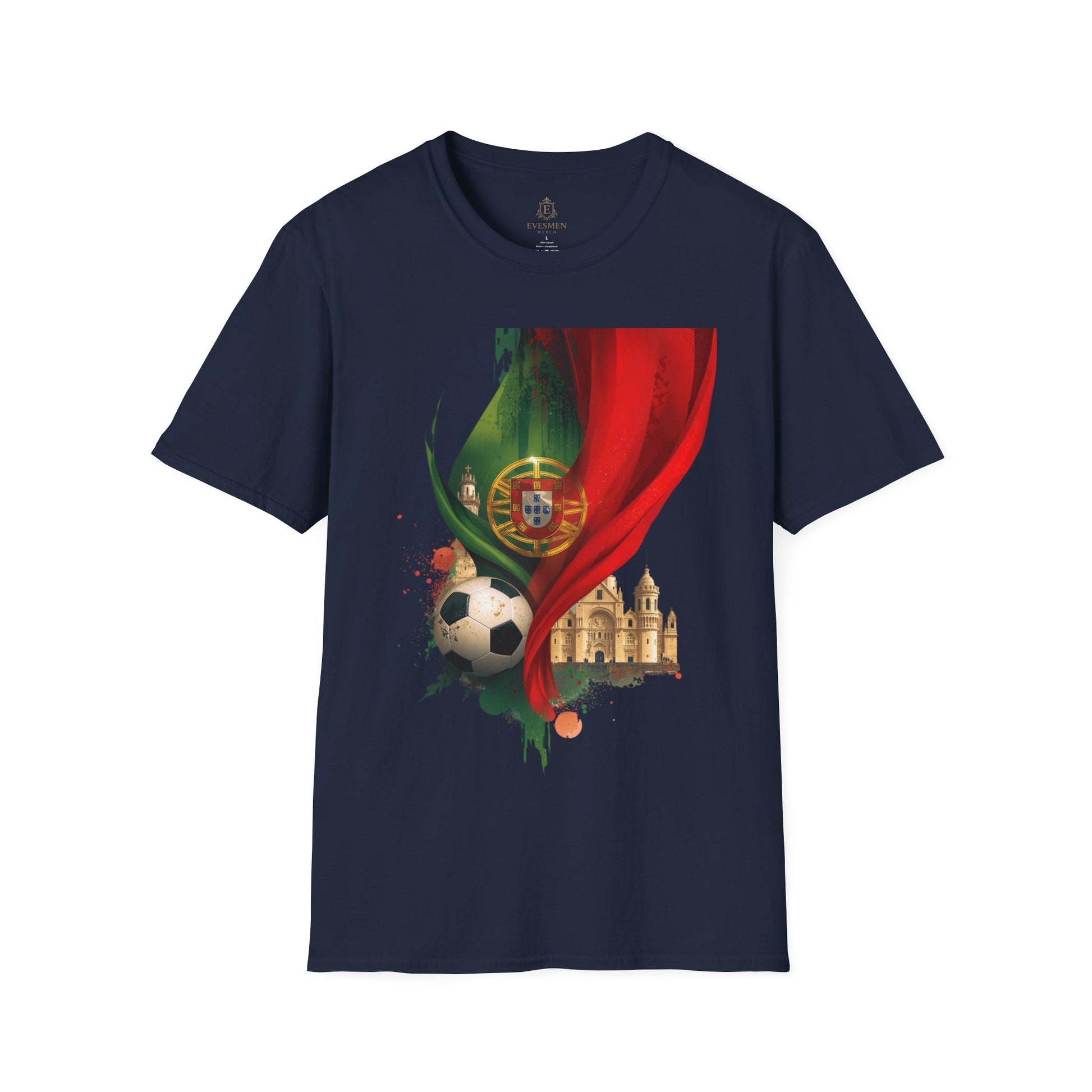 Navy blue t-shirt with a colorful graphic design featuring a soccer ball, flag, and building on a white background.