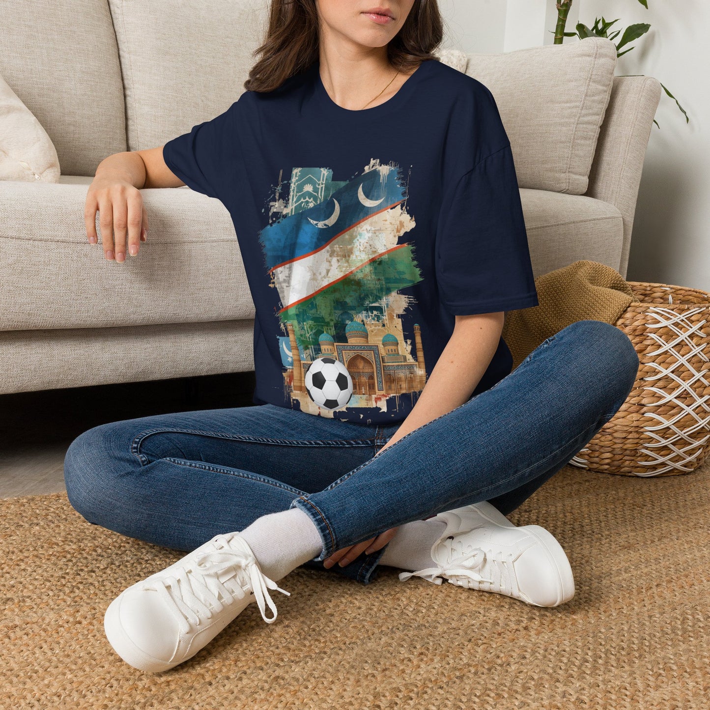 Uzbekistan Flag Soccer T-Shirt — Crescent Emblem & Landmark Design Tee