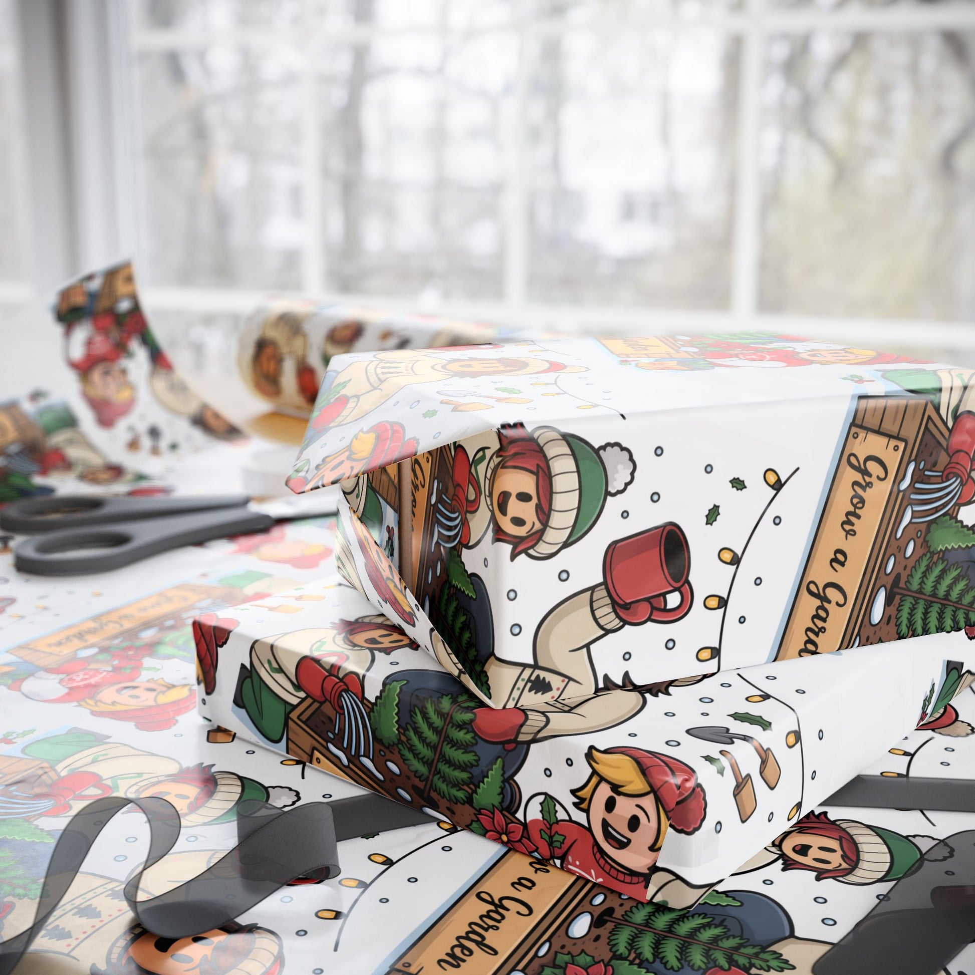 Gift wrapped in festive paper with cartoon characters, scissors, and a clear background