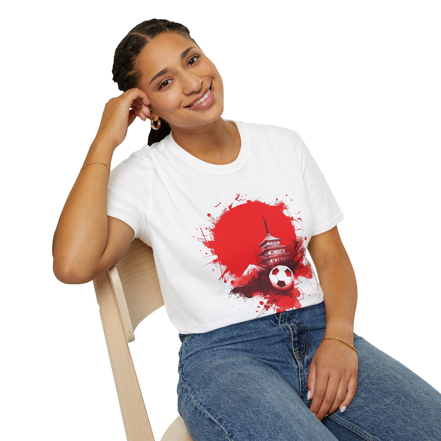 Japan Football T-Shirt with Rising Sun Splatter and Pagoda Design Tee