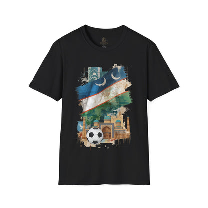 Uzbekistan Flag Soccer T-Shirt — Crescent Emblem & Landmark Design Tee