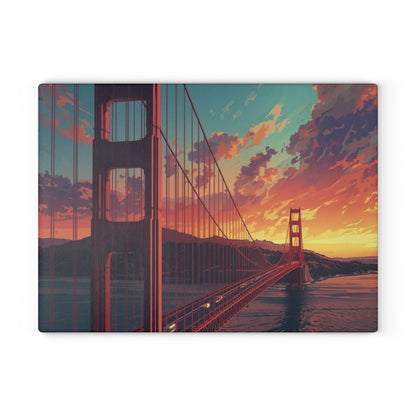 Golden Gate Sunset Glass Cutting Board — San Francisco Bridge Art Kitchen Decor