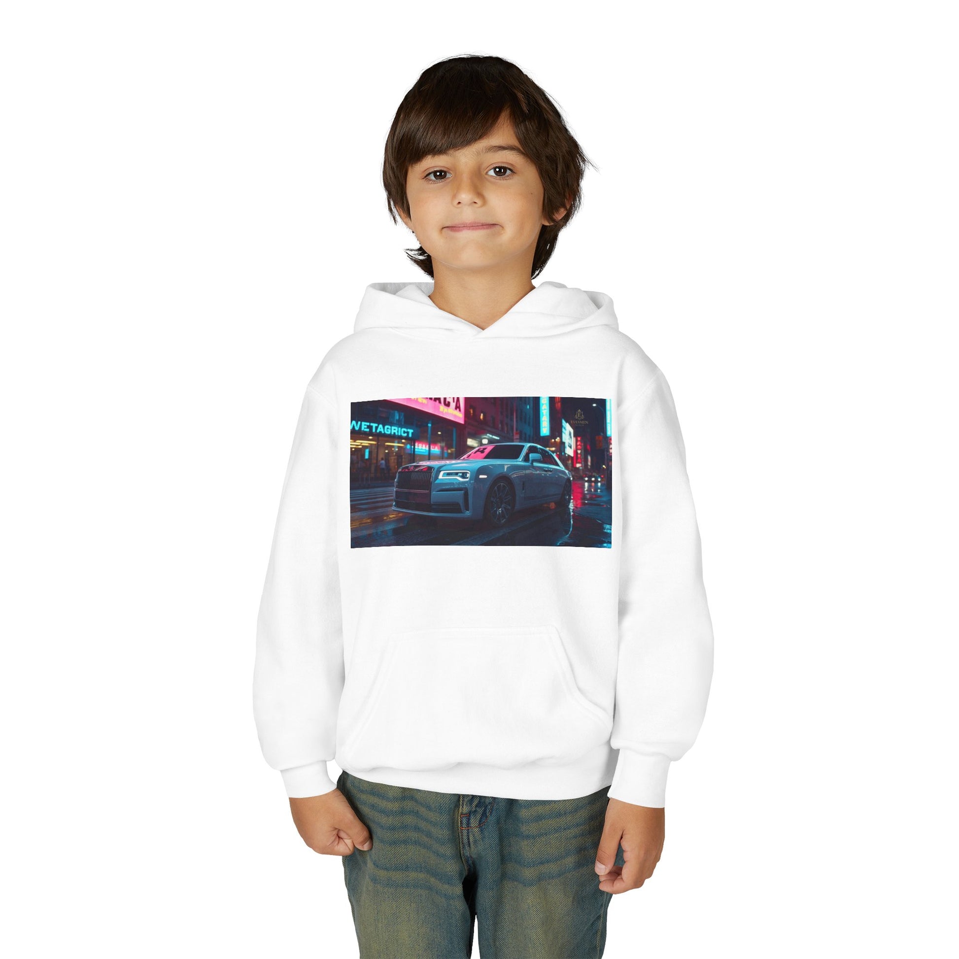 Child wearing a white hoodie with a car graphic on a white background