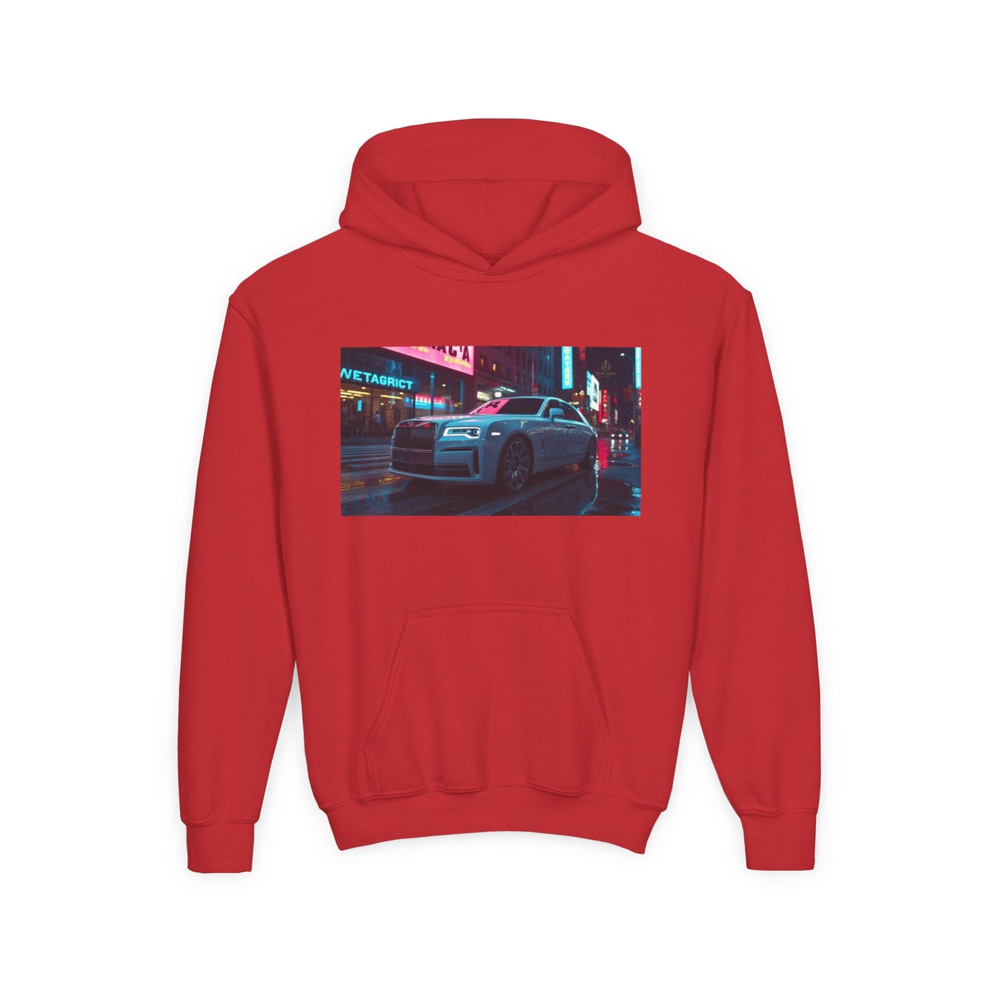Red hoodie with a graphic of a car on a city street at night.