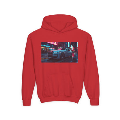 Red hoodie with a graphic of a car on a city street at night.