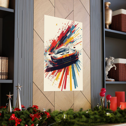 Colorful abstract painting of a car on a wall above a decorated fireplace.