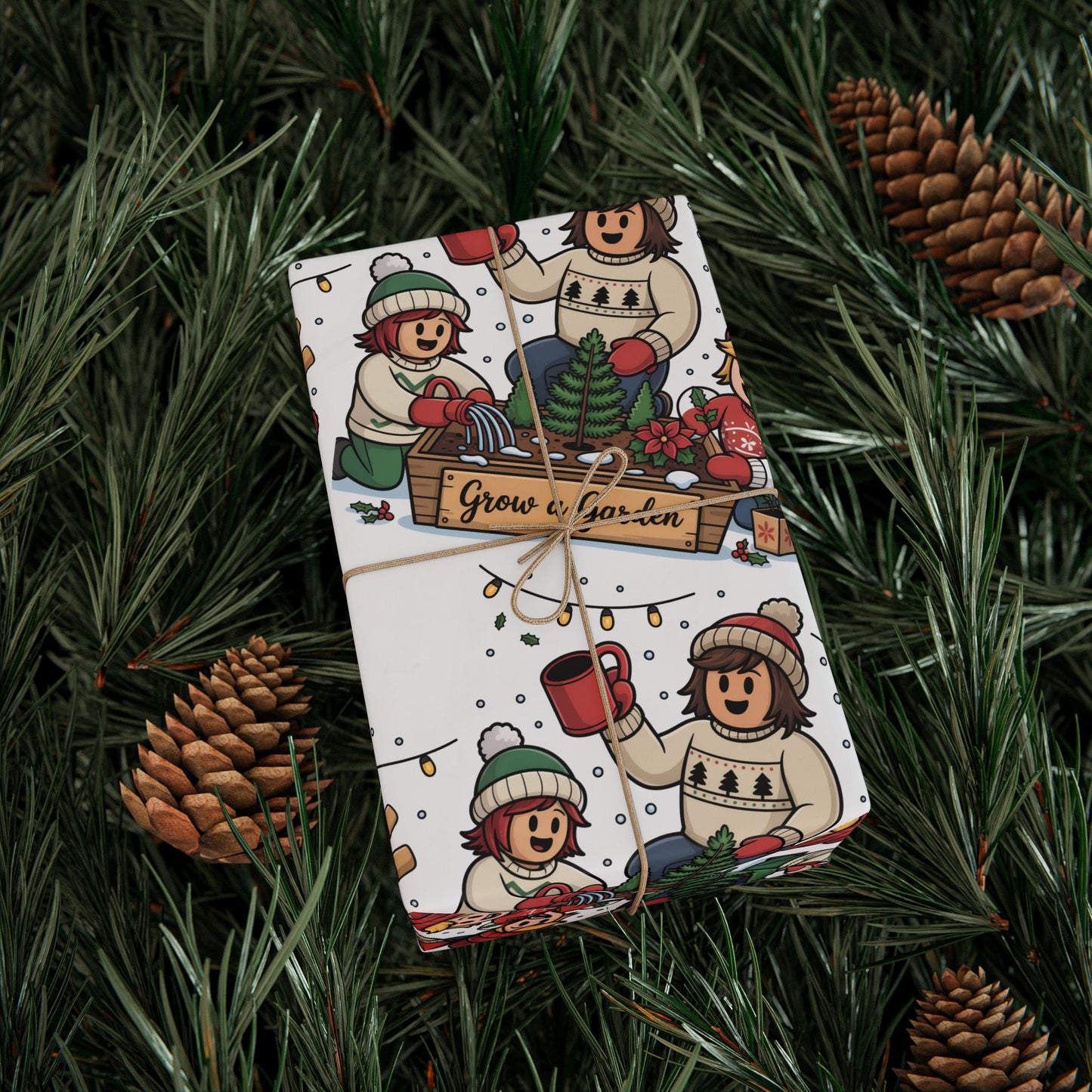 Gift box with festive-themed illustrations on a bed of pine needles and pine cones.