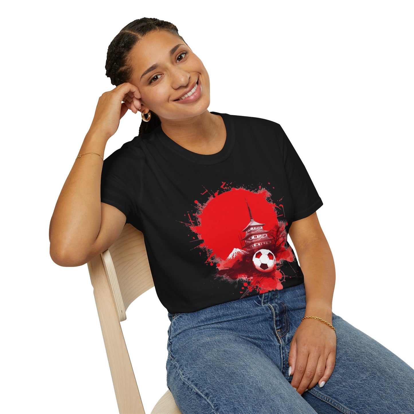 Japan Football T-Shirt with Rising Sun Splatter and Pagoda Design Tee