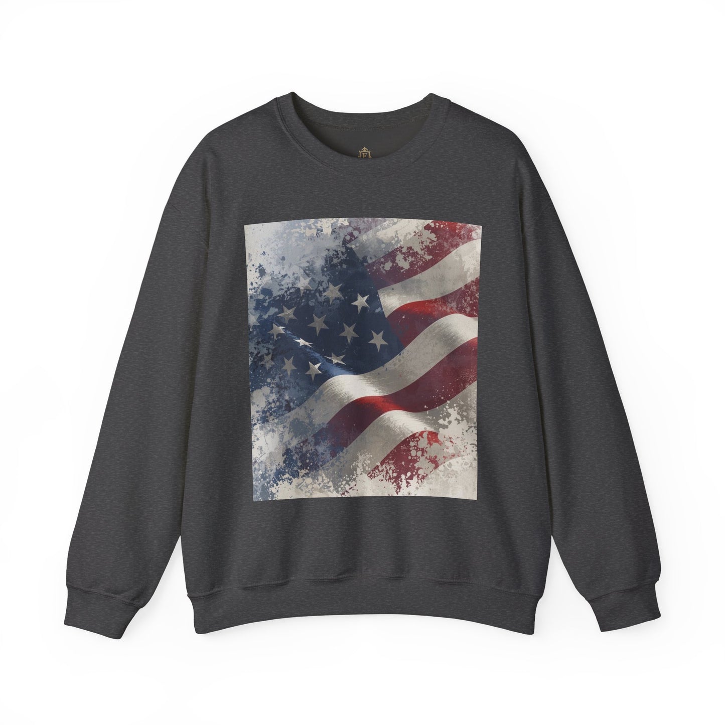 Dark gray sweatshirt with a vintage American flag graphic on a white background