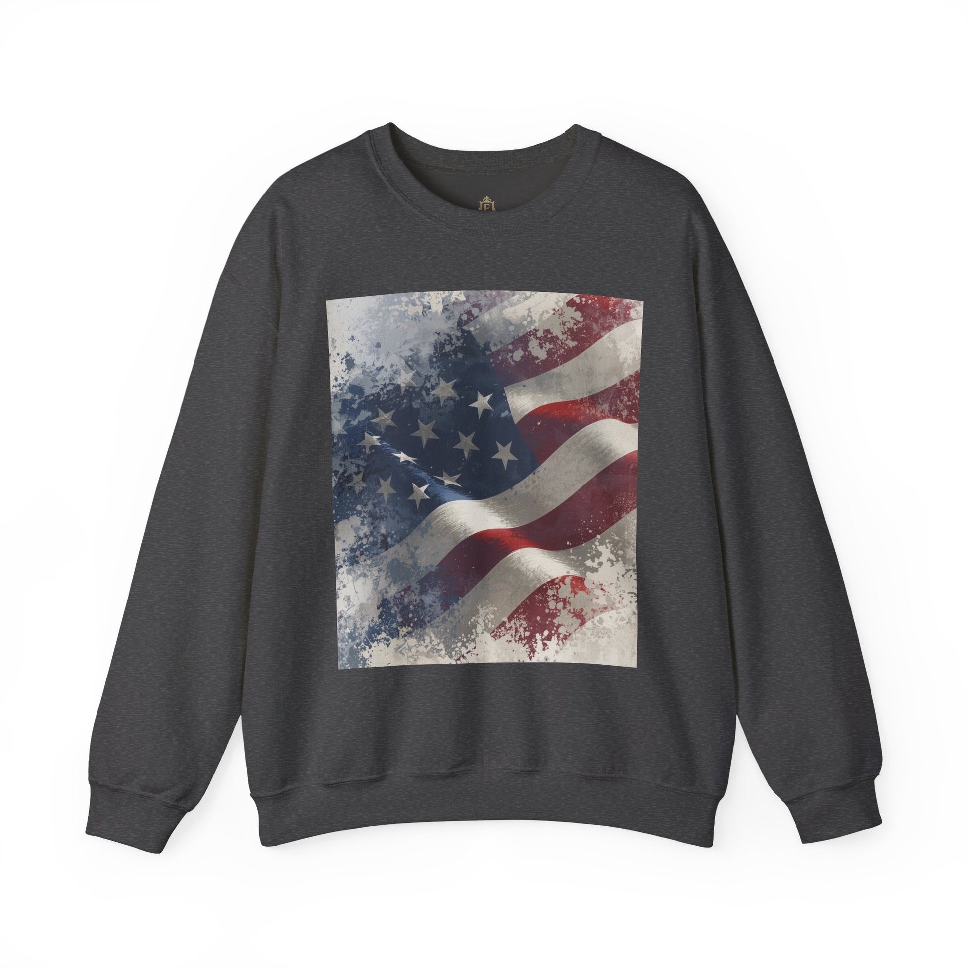 Dark gray sweatshirt with a vintage American flag graphic on a white background
