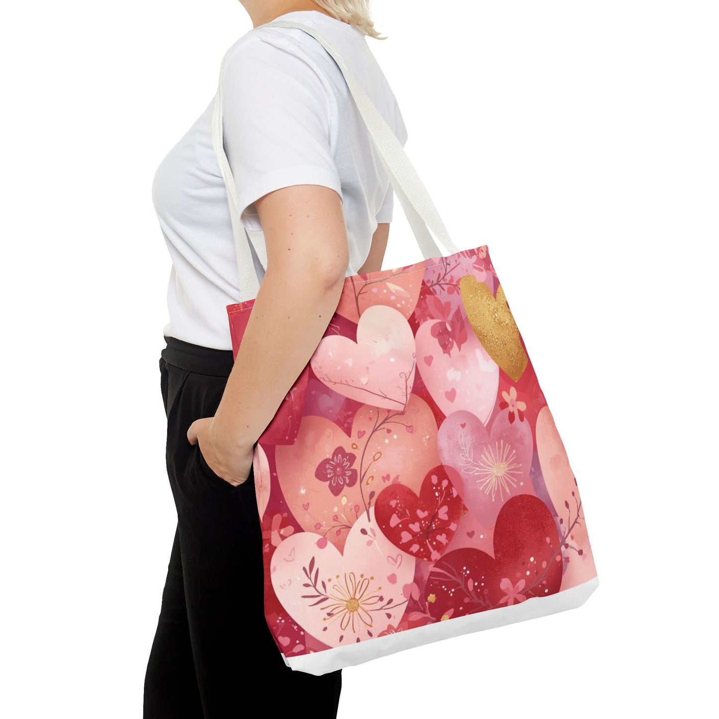 Heart Pattern Tote Bag — Pink Floral Valentine All-Over Print
