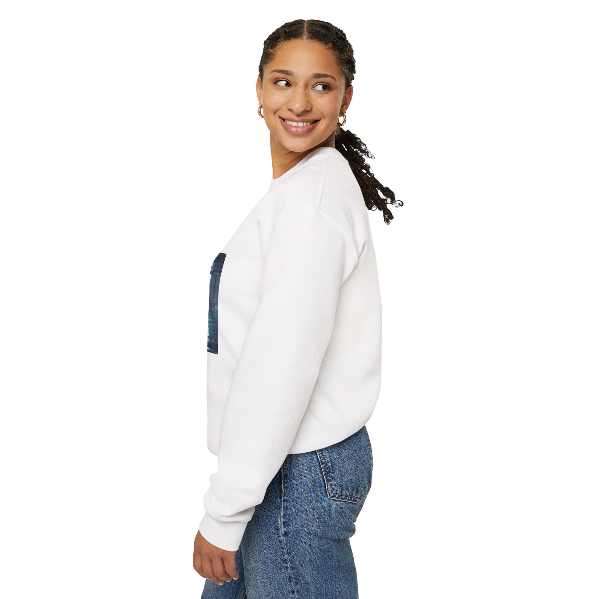 Woman wearing a white sweatshirt with denim accents on a white background