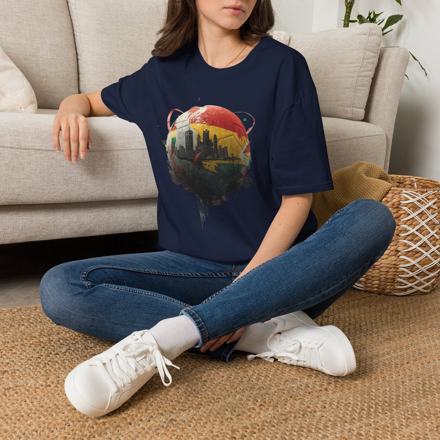 Ghana Soccer Ball with Accra Skyline and Flag Drips T-shirt Fan Tee