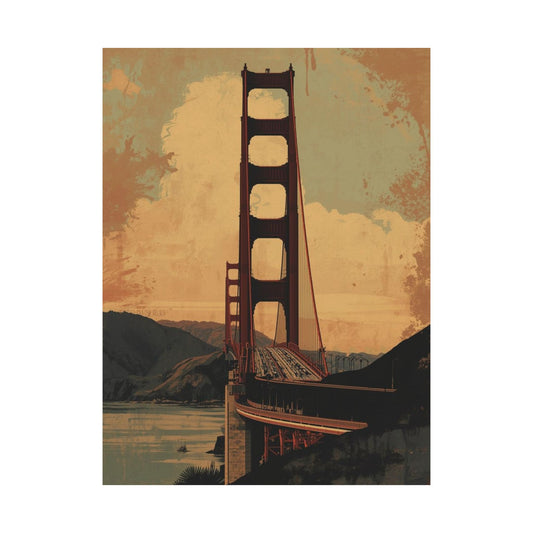 Vintage-style illustration of the Golden Gate Bridge with a warm color palette.