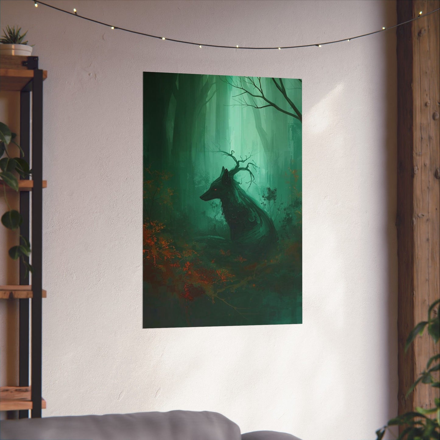 Mystic Forest Wolf Wall Art Poster | Dark Green Woodland Matte Print