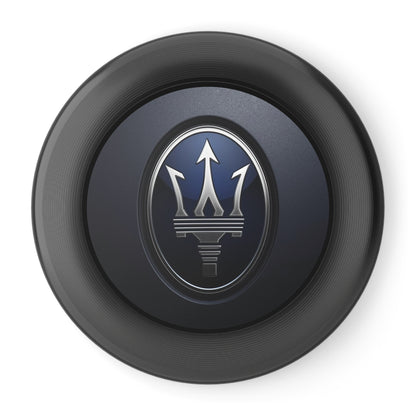 Maserati logo on a black circular background