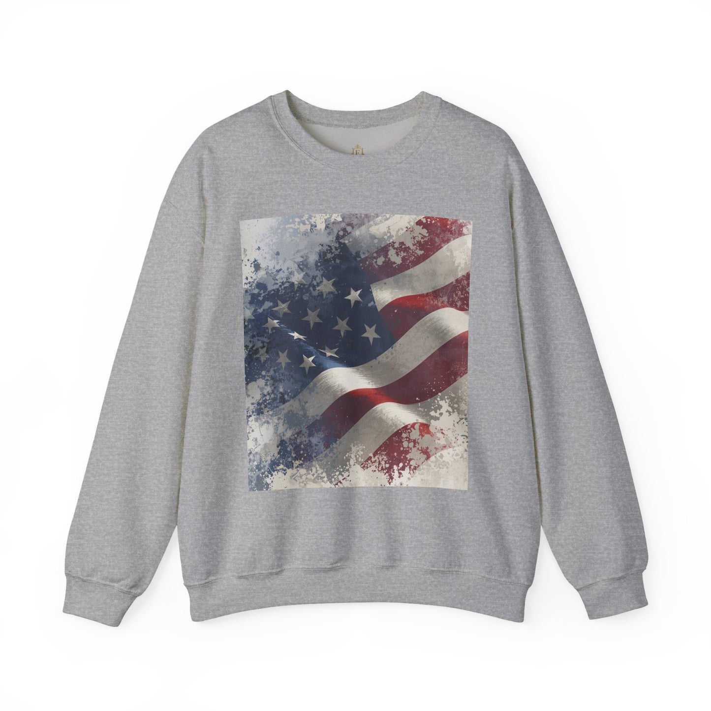Gray sweatshirt with a vintage American flag graphic on a white background