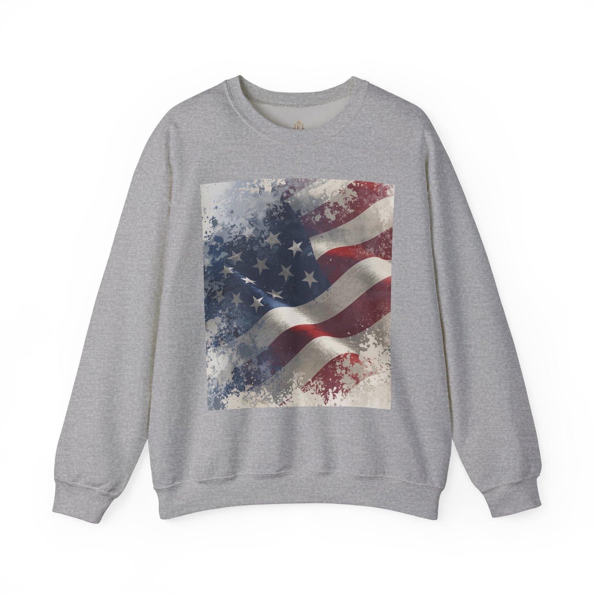 Gray sweatshirt with a vintage American flag graphic on a white background