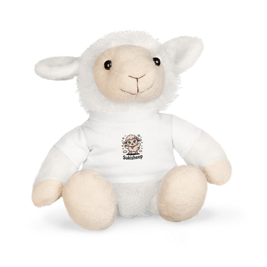 White plush lamb toy with a logo on a white background