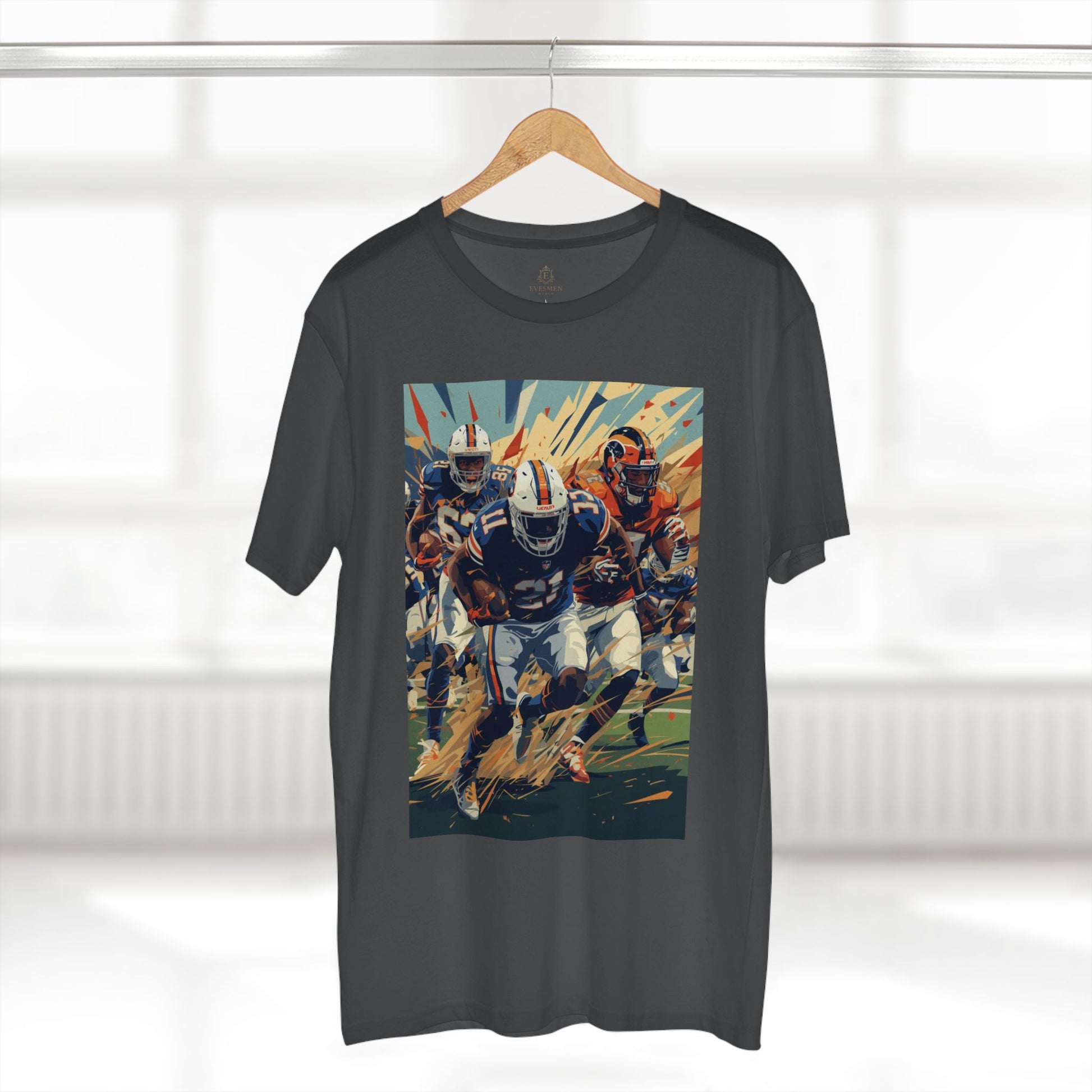 Black t-shirt with a colorful graphic of football players on a hanger against a white background