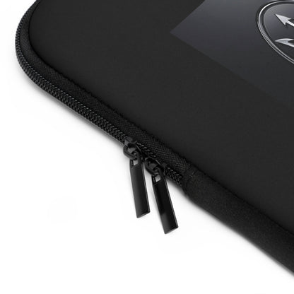 Black zippered pouch with a brand logo on a white background