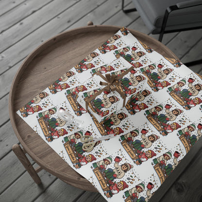 Decorative gift wrap with festive design on a wooden table