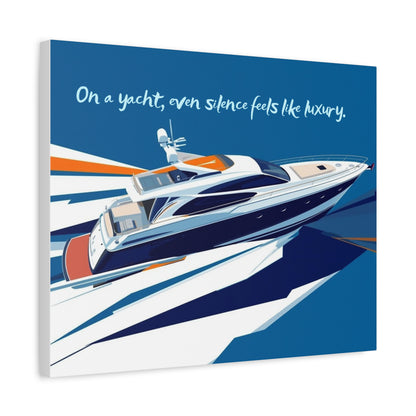 Yacht illustration with a blue background and text 'On a yacht, even silence feels like luxury.'