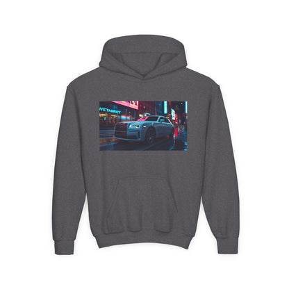 Gray hoodie with a graphic of a car on a city street at night.