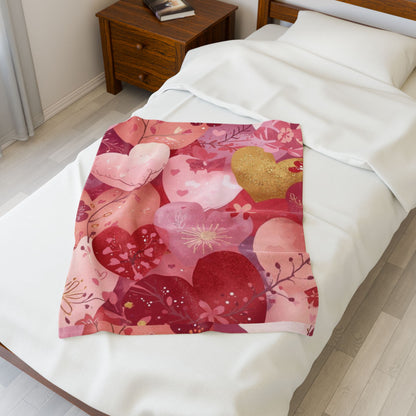 Valentine Heart Plush Blanket – Soft Pink & Gold Heart Pattern Velveteen Throw