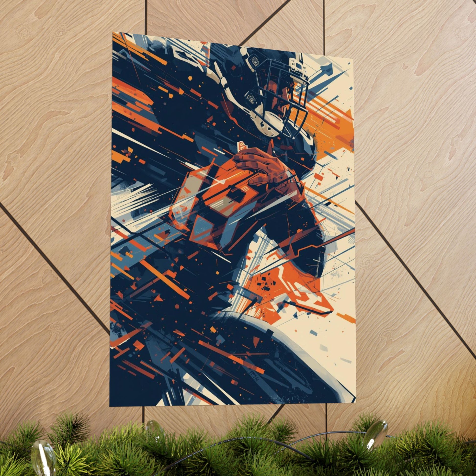 Abstract artwork on a wooden panel with greenery at the bottom